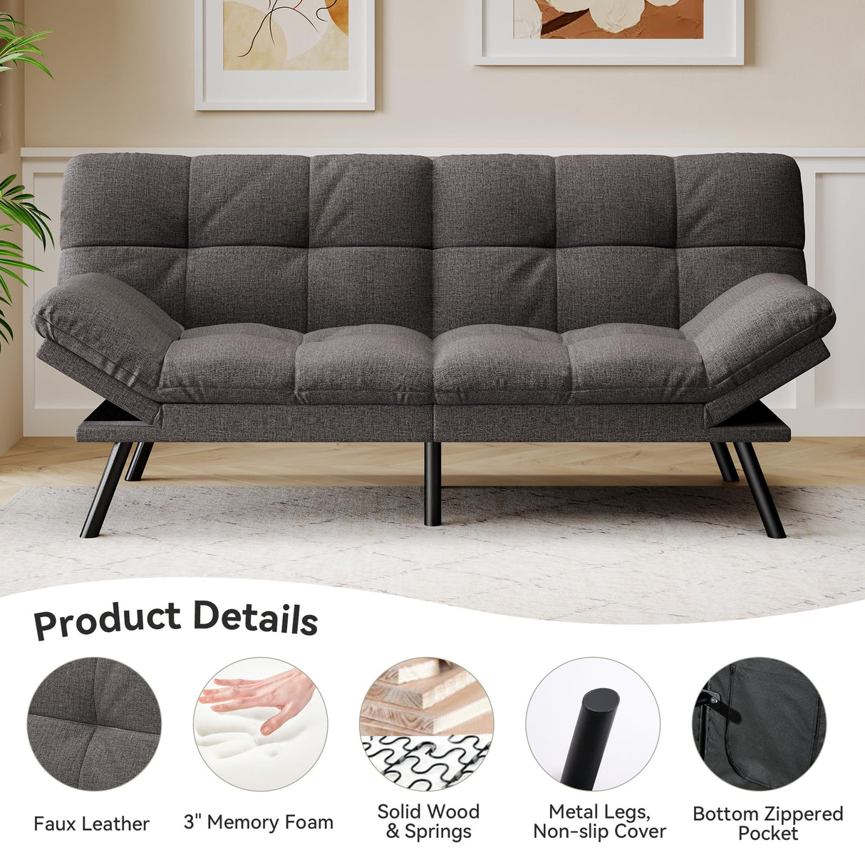 AMICLIBER Convertible Futon Sofa Bed,71" Memory Foam Futon Couch,Detachable Cushion,Adjustable Backrest & Armrest,Linen Modern Loveseat Sleeper Recliner for Living Room,Office,Apartment,Classic Grey AMICLIBER