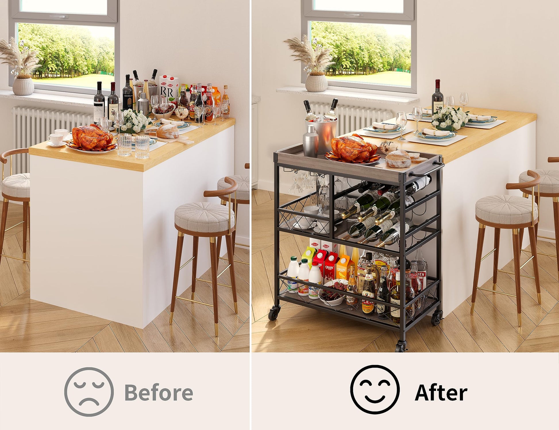 Gizoon 3 Tier 38" Home Bar Serving Cart with Large Storage Space, Mobile Kitchen Storage Trolley with Lockable Wheels, 12 Wine Rack, Glass Holder, Removable Tray (Gray) - WoodArtSupply