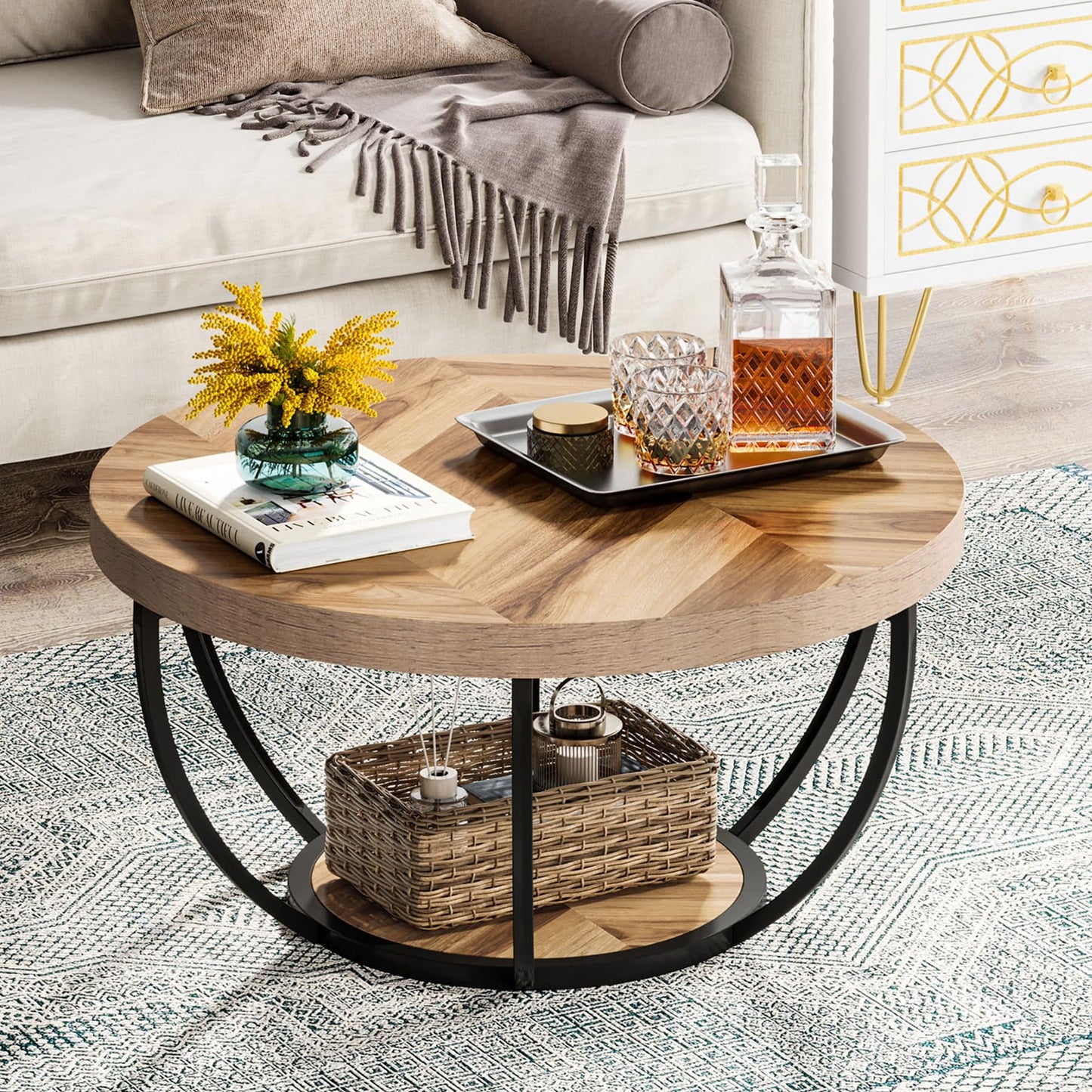 Tribesigns 31.7" Round Coffee Table, Industrial 2-Tier Circle Coffee Table with Storage Shelves, Modern Wooden Accent Center Table Sofa Side Table for Living Room, Home Office, Wooden Grain - WoodArtSupply