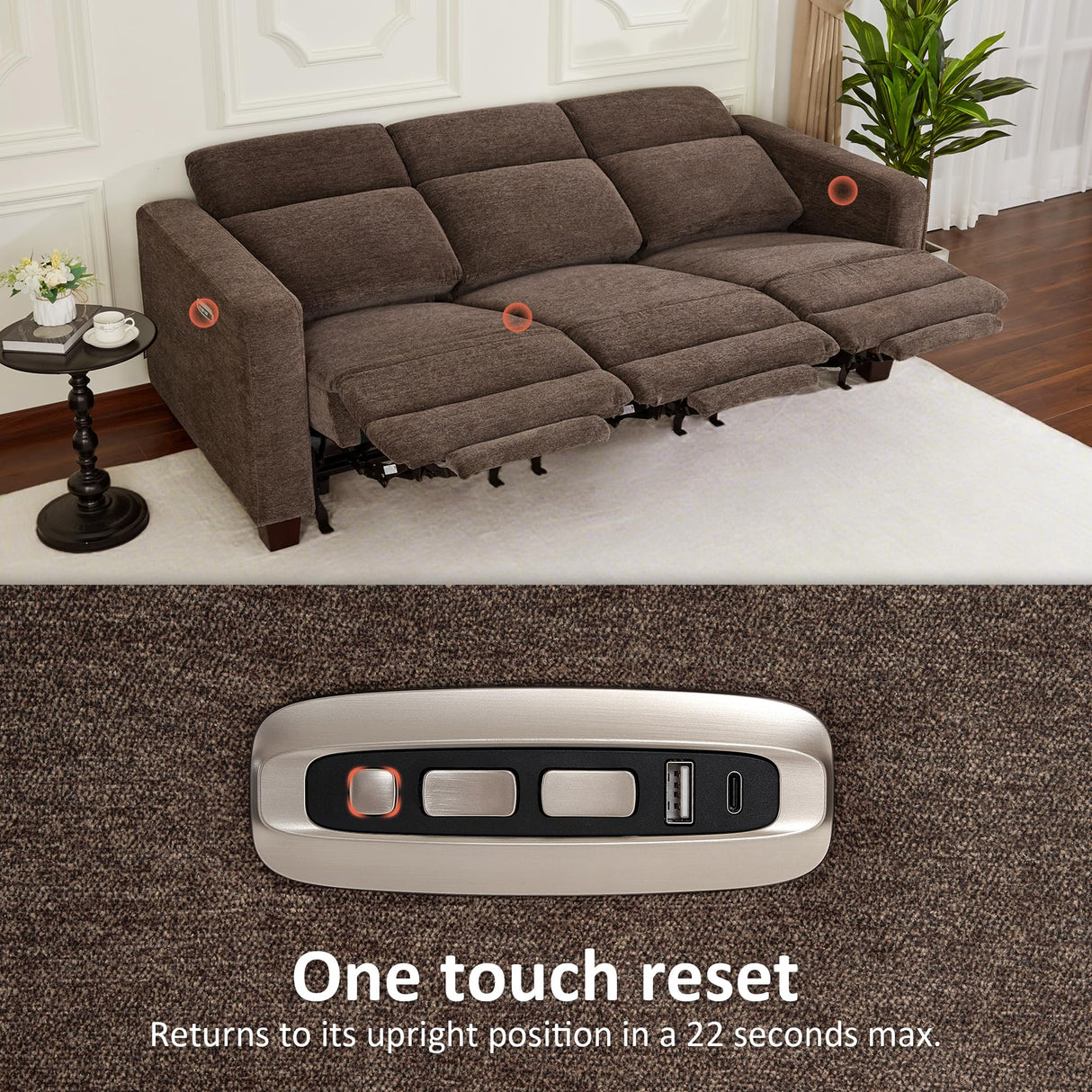 MCombo Zero Wall Recliner Sofa, Power Reclining Sofa, Wall Hugger Power Recliner Sofa with Adjustable Headrest, USB & Type C Ports, for Living Room, Fabric, HL198M3 (Coffee, 3-Seater) MCombo