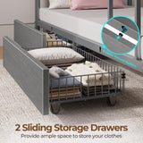 Rolanstar Metal Bunk Bed Twin Over Twin with USB Charging Station, LED Bunk Bed with 2 Storage Drawers, Bed with Safety Guardrail & Ladders, No Box Spring Needed, Easy Assembly, Grey Rolanstar