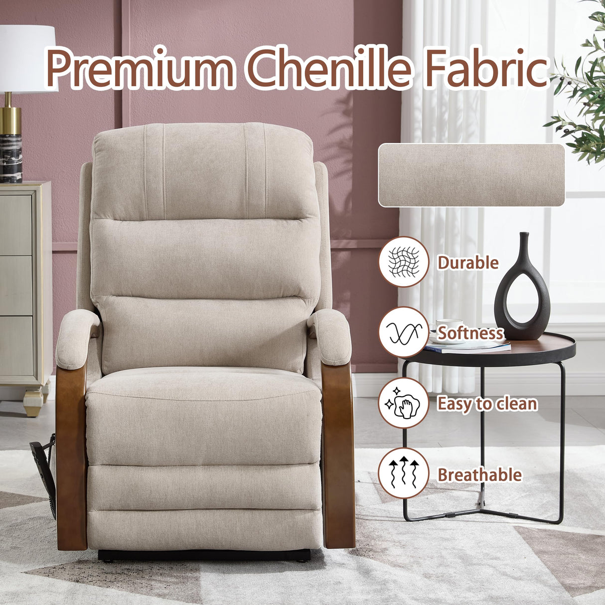 Power Lift Recliner Chair for Elderly People, Dual Motor Lift Chair with Vibration Massage and Heat, Lay Flat Recliner with Solid Wood Armrest, Standing Assistance Reclining, Chenille Fabric Beige EZZUP