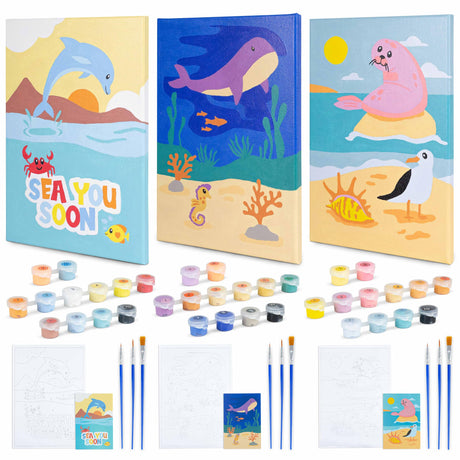 BONNYCO Paint by Numbers Kit for Kids Sea Animals Pack 3 Canvas Paint by Number Canvas Framed, Ocean Gifts for Kids, Arts and Crafts 4-6 8-12 Pintar por Numeros Pre Drawn Painting Under Sea Crafts BONNYCO
