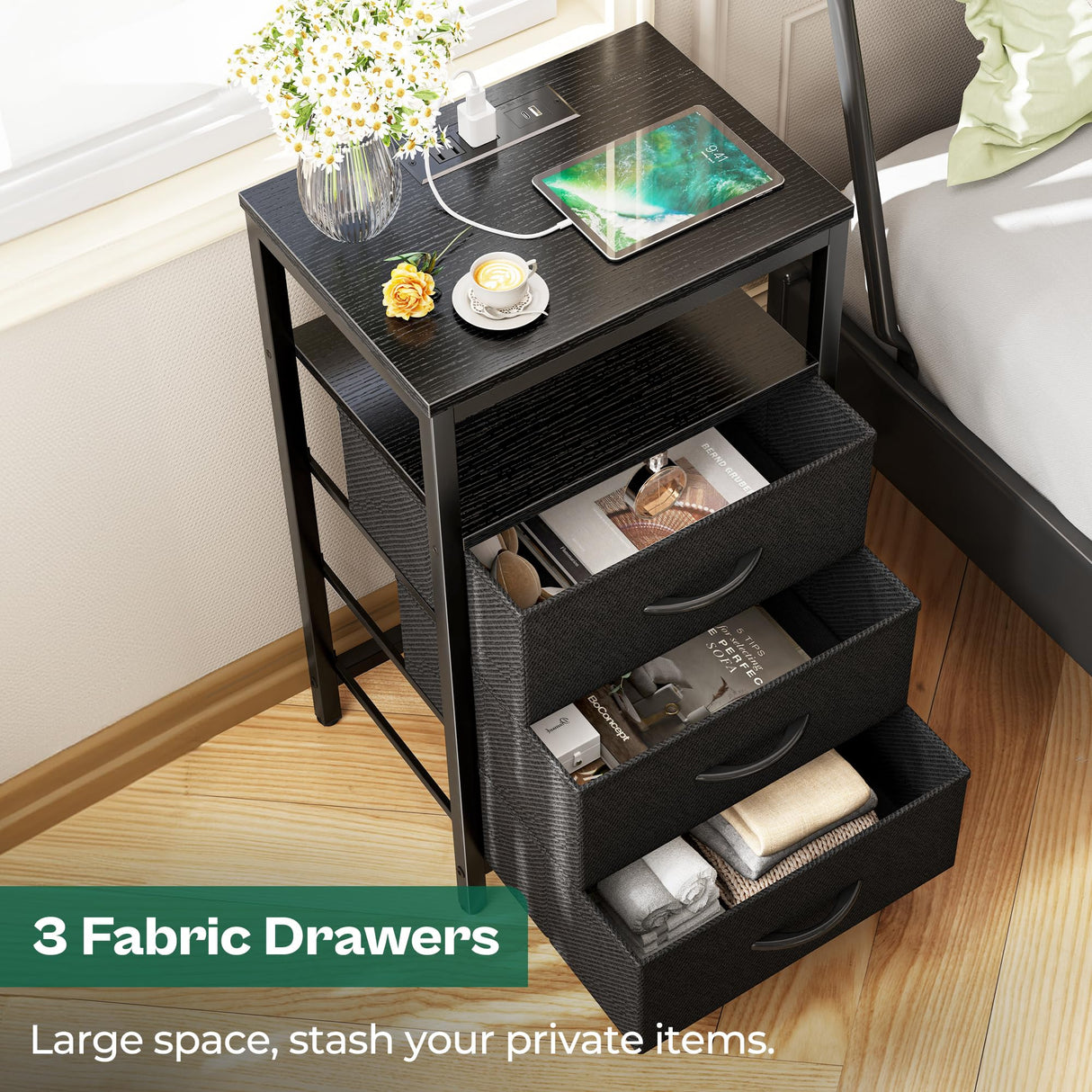 Huuger Nightstand with Charging Station, 27.6 Inch Side Table with Fabric Drawers, End Table Bedside Table with USB Ports and Outlets, Night Stand for Bedroom, Black Huuger