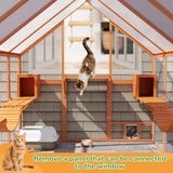 Extra Large Catio Outdoor Cat Enclosure, 53.5ft² Large Cat Run Wooden Cat House with Weatherproof Roof, Walk-in Doors with Lock, Window Access, 110" L x 71" W x 74" H, Orange Nyeekoy