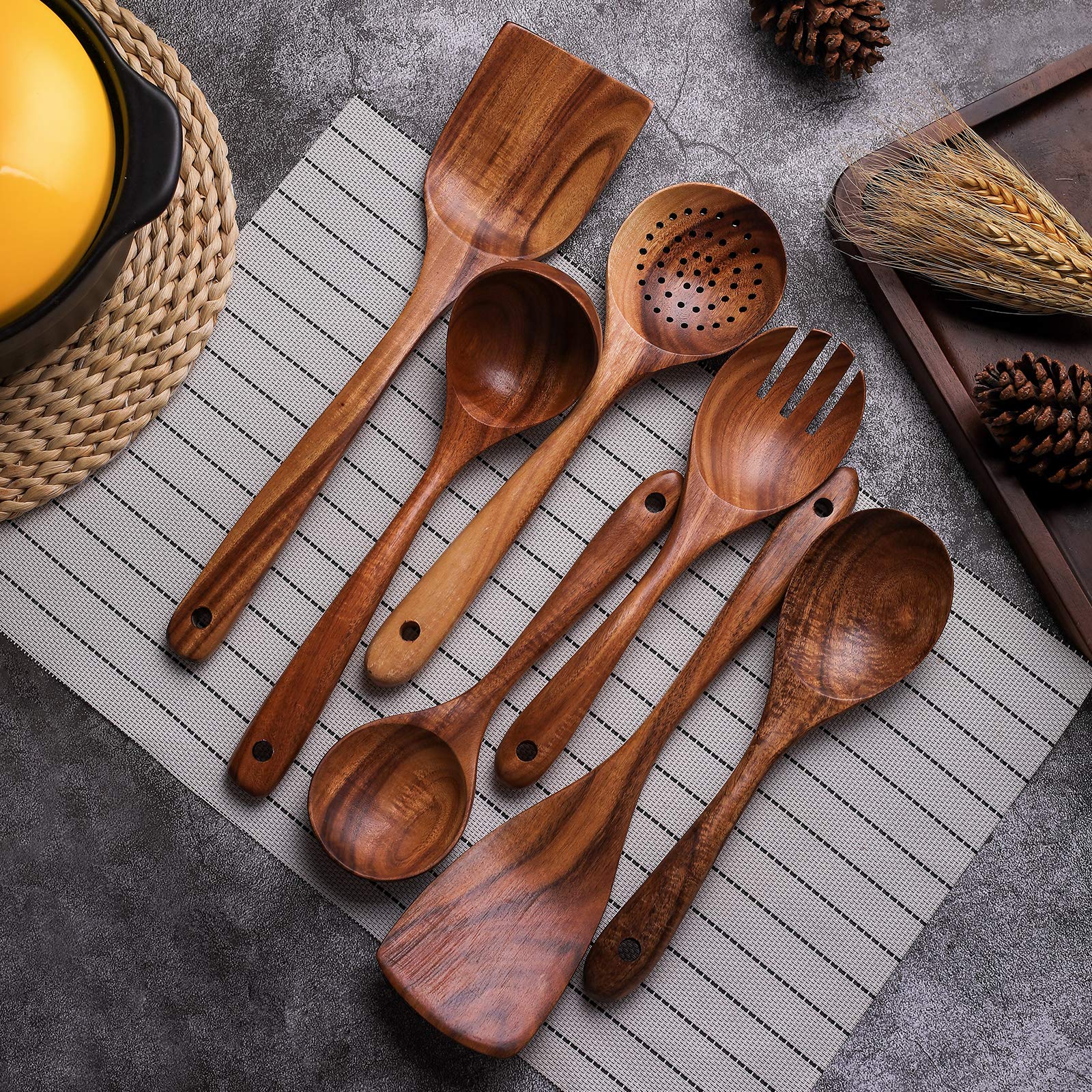 Wooden Non-Stick Kitchen Pan Toolset 7 Pieces Set,100% Natural Teak Kitchen Utensils Spatula, Wooden Cooking Utensils Spoons, Fried Spatula and Salad Fork - WoodArtSupply