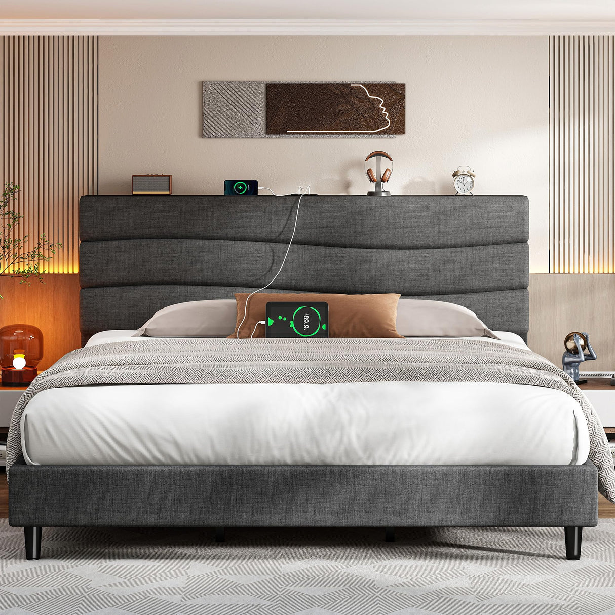 EnHomee King Size Bed Frame with Fabric Upholstered Headboard, King Bed Frame with Storage Headboard and Charging Station, Wooden Slats Support, No Noise, No Box Spring Needed, Easy Assembly, Grey EnHomee