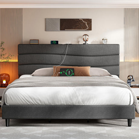 EnHomee King Size Bed Frame with Fabric Upholstered Headboard, King Bed Frame with Storage Headboard and Charging Station, Wooden Slats Support, No Noise, No Box Spring Needed, Easy Assembly, Grey EnHomee