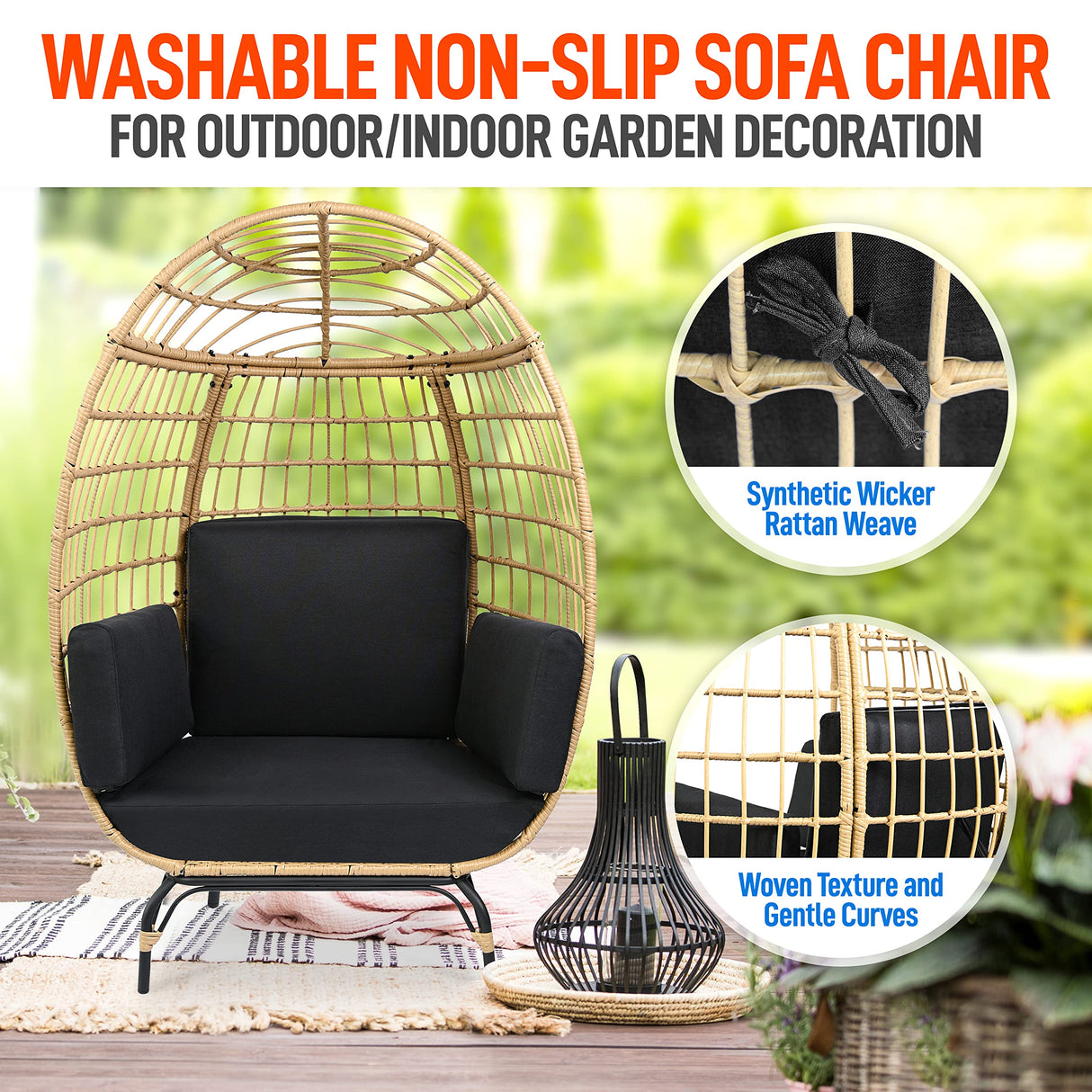 SereneLife Black Wicker Rattan Egg Chair for Indoor and Outdoor Use - Comfy Sofa Chair with 4 Washable Cushions, Durable Powder-Coated Steel Frame, Stylish Ribbed Back, Supports up to 440lbs SereneLife