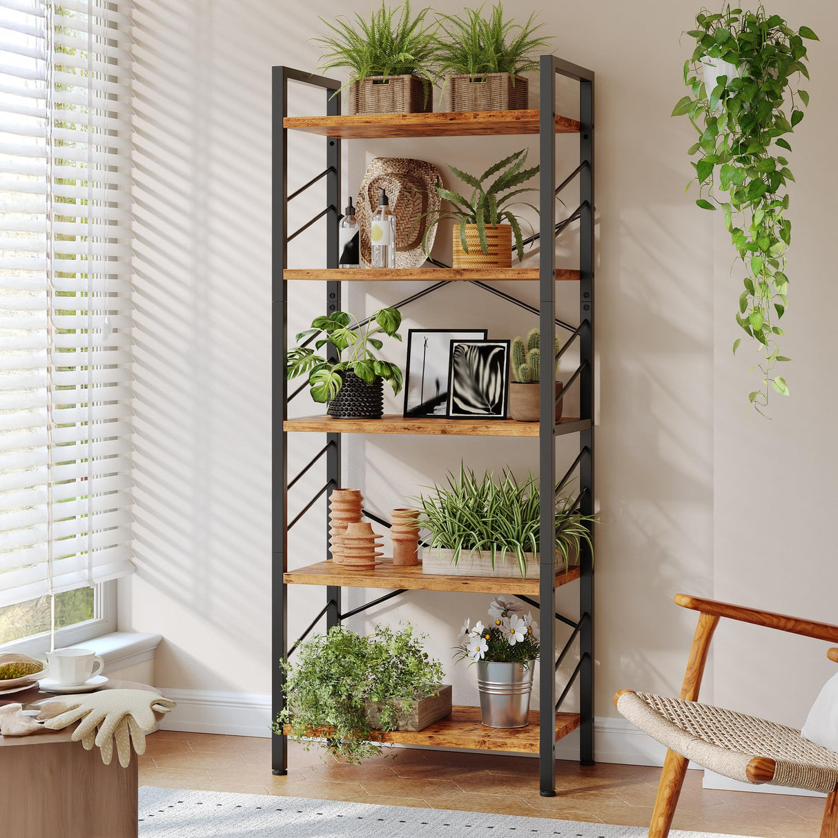 DurayLoly 5 Tier Bookshelf, Industrial Tall Bookcase, Modern Display Book Shelf with Metal Frame and Sidebars for Bedroom, Living Room and Home Office, Rustic Brown DurayLoly