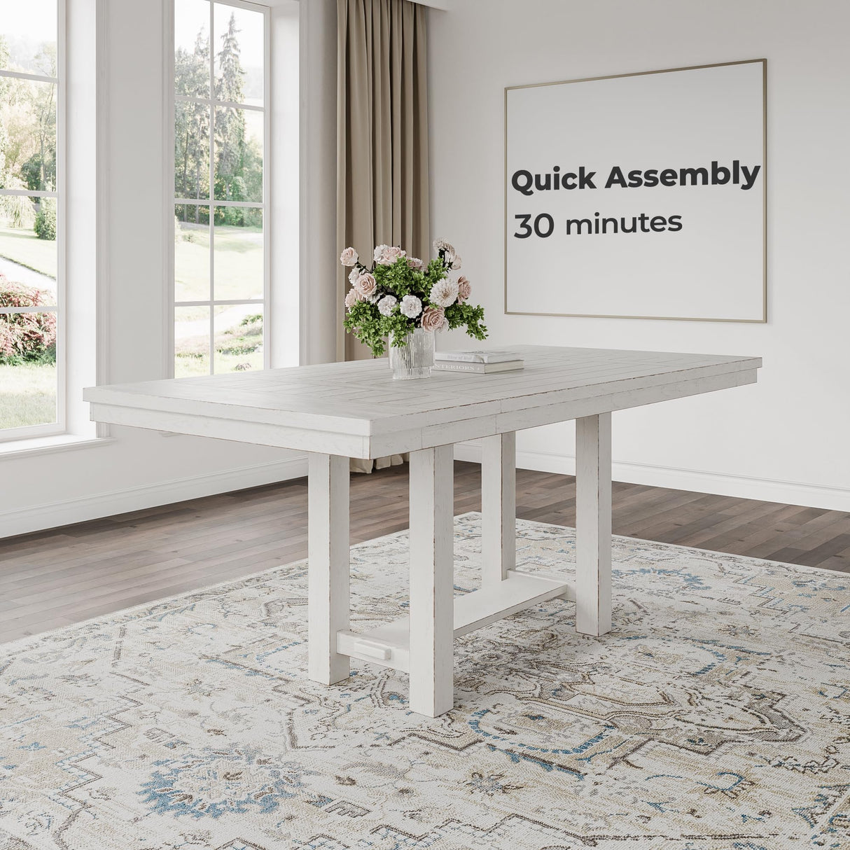 Signature Design by Ashley Robbinsdale Farmhouse Distressed Counter Height Dining Extension Table with Trestle Base, Planked Effect and 2 Removable End Leaves, White Signature Design by Ashley