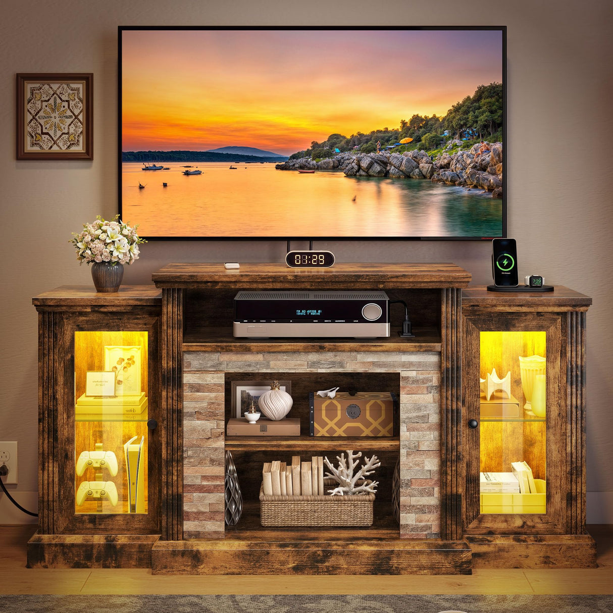 YITAHOME TV Stand for 65 Inch TV, Modern Entertainment Center with Power Outlet and LED Light, Farmhouse Media Console TV Cabinet with Adjustable Shelf & Glass Door for Living Room, 59'' Retro Brown YITAHOME