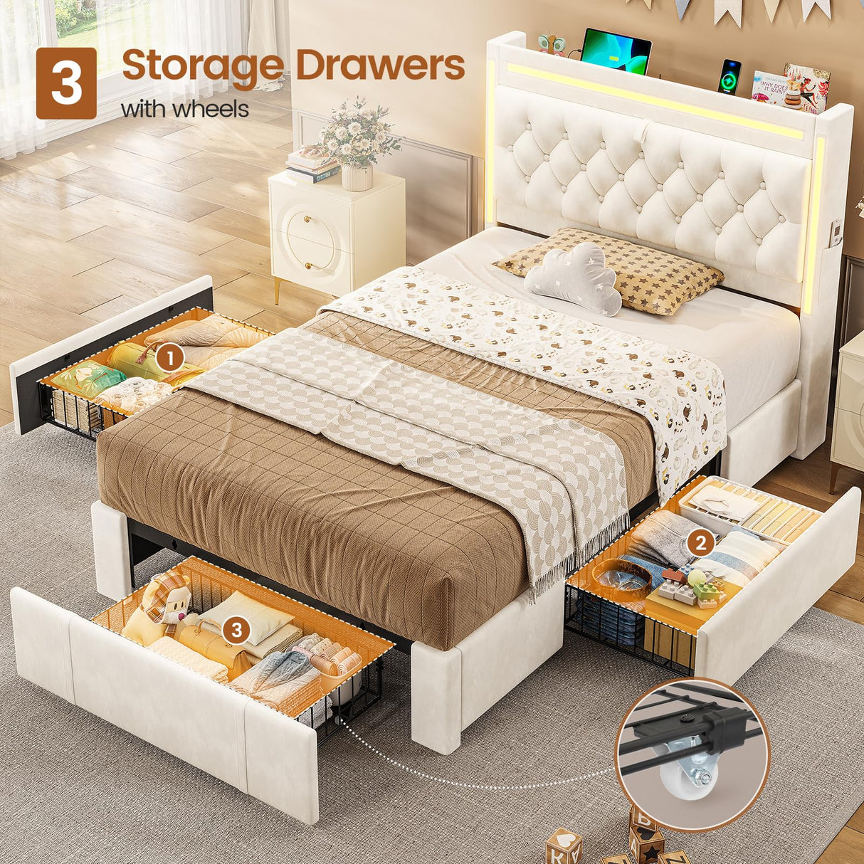 BTHFST Twin Upholstered LED Bed Frame with 3 Drawers, Velvet Hidden Storage Headboard with Charging Station, Button Tufted Headboard and Heavy Duty Metal Slats Support, No Box Spring Needed, Beige BTHFST