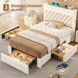 BTHFST Twin Upholstered LED Bed Frame with 3 Drawers, Velvet Hidden Storage Headboard with Charging Station, Button Tufted Headboard and Heavy Duty Metal Slats Support, No Box Spring Needed, Beige BTHFST