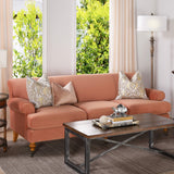 Alana Lawson Three-Cushion Tightback Sofa - Peach Orange Velvet - Luxurious Medium-Firm Feel SNug Family Couch WoodArtSupply
