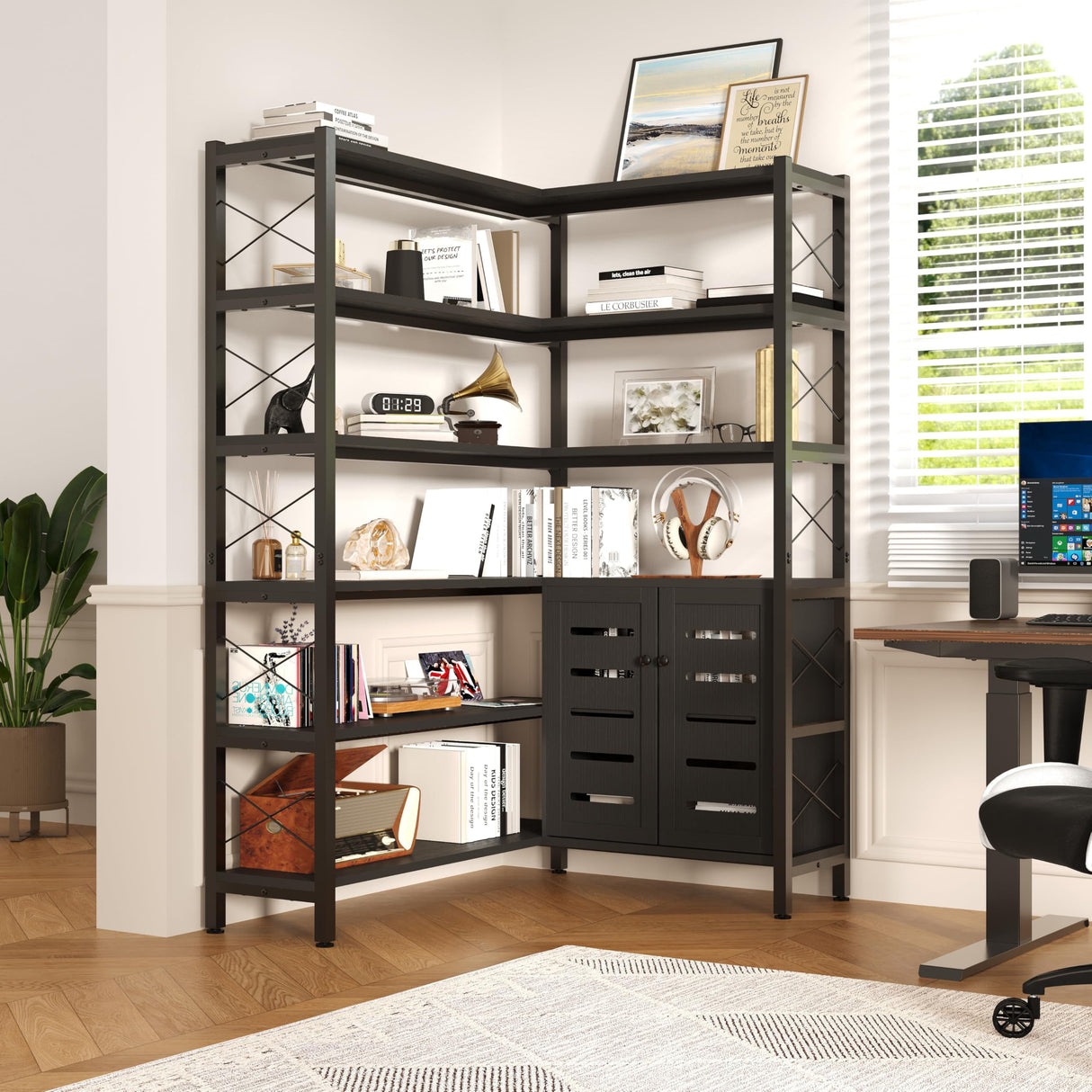 GLAUBIO 6 Tier Small Corner Bookshelf with Storage Cabinet,L Shaped Black Bookshelf with Doors,Industrial Corner Plant Stand,Corner Book Shelf,Small Bookcase for Living Room, Home Office GLAUBIO