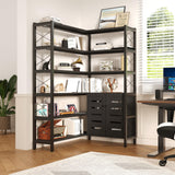 GLAUBIO 6 Tier Small Corner Bookshelf with Storage Cabinet,L Shaped Black Bookshelf with Doors,Industrial Corner Plant Stand,Corner Book Shelf,Small Bookcase for Living Room, Home Office GLAUBIO