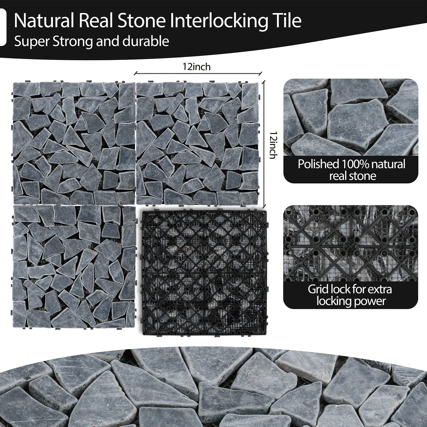 PURE ERA Natural Real Stone Interlocking Floor Deck Tiles Pebble Tile Indoor Outdoor Use 12"x12" - Great Upgrade to Patio Backyard Pathway