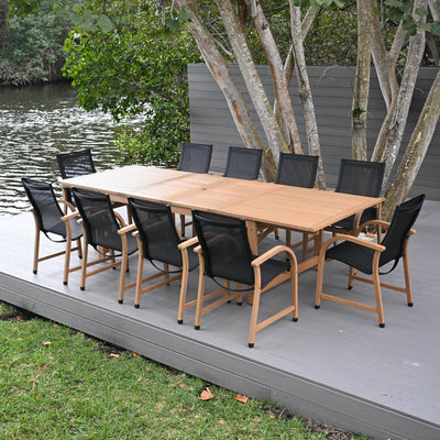 Amazonia Franklin 11-Piece Rectangular Extendable Patio Dining Set | Teak Finish and Weather-Net Technology | Ideal for Outdoors and Indoors