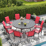 DIFY 11 Pieces Outdoor Patio Dining Set for 10, 60" Black Round Metal Dining Table and 10 Red Stackable Sling Dining Chairs, Outdoor Table and Chairs for Lawn Garden Backyard Deck DIFY