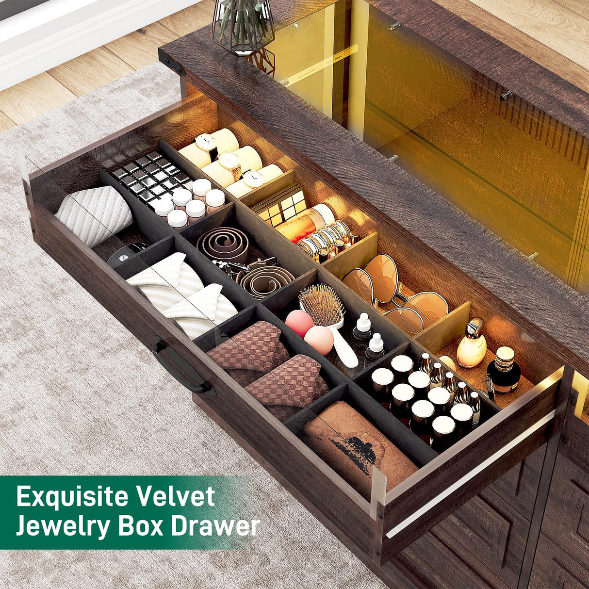 Hlivelood 63" Farmhouse 8 Drawer Dressers for Bedroom, Brown Wood Dresser w/Glass Top&Front Display Organizer, Bedroom Closet Island Chest of Drawers, for Living Room, Bedrooms, Hallway, Brown Hlivelood