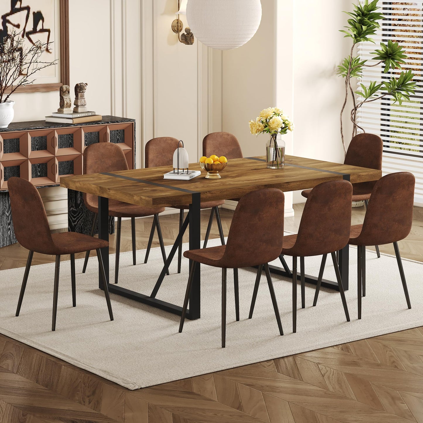 Ganooly Rustic 9 Piece Dining Room Table Set for 8 People, Mid Century Modern 71 Inch Rectangle Wood Kitchen Dining Table with 8 Fabric Chairs Set, Suitable for Kitchen Dining Room Apartment - WoodArtSupply