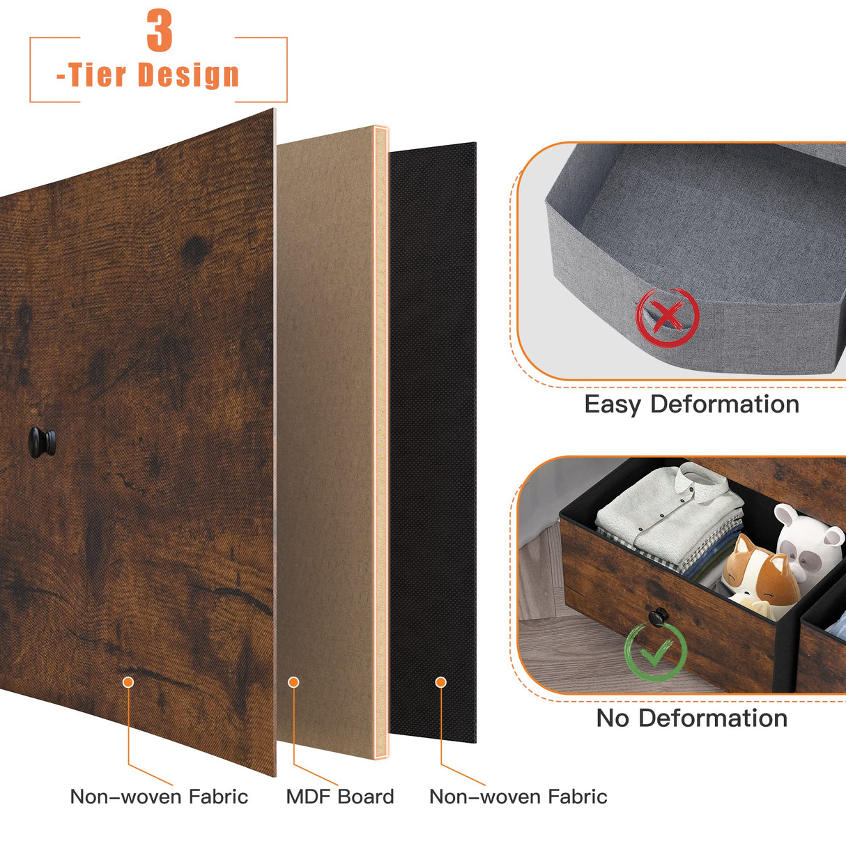 EnHomee 12 Drawer Dresser with Wooden Top and Metal Frame, Tall Fabric Dresser & Chest of Drawers for Bedroom Closet Living Room, Rustic Brown, 11.8" D x 34.7" W x 52.4" H EnHomee