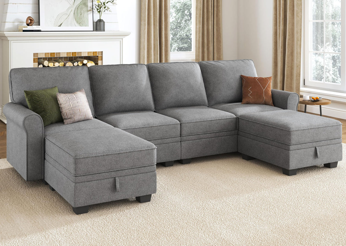 HONBAY Sectional Sofa with Storage Seat U Shaped Sectional Couch with Reversible Chaise Convertible Sectional Couches for Living Room,Light Grey HONBAY