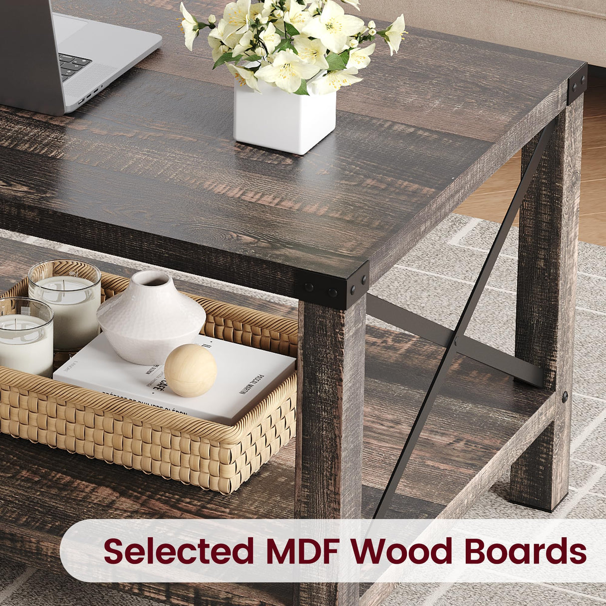 IDEALHOUSE Farmhouse Coffee Table 2-Tier Rustic Center Table Living Room Rectangle Cocktail Table Vintage Wood Look Tea Table with Shelf and X Metal Frame, Easy Assembly IDEALHOUSE