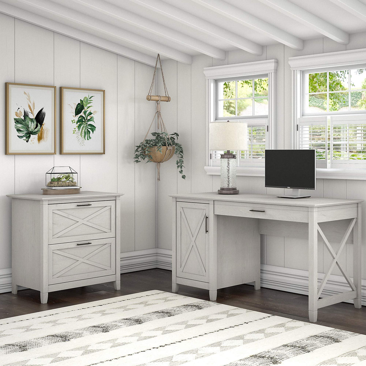Bush Furniture Key West 54W Computer Desk with Storage and 2 Drawer Lateral File Cabinet in Linen White Oak Bush Business Furniture