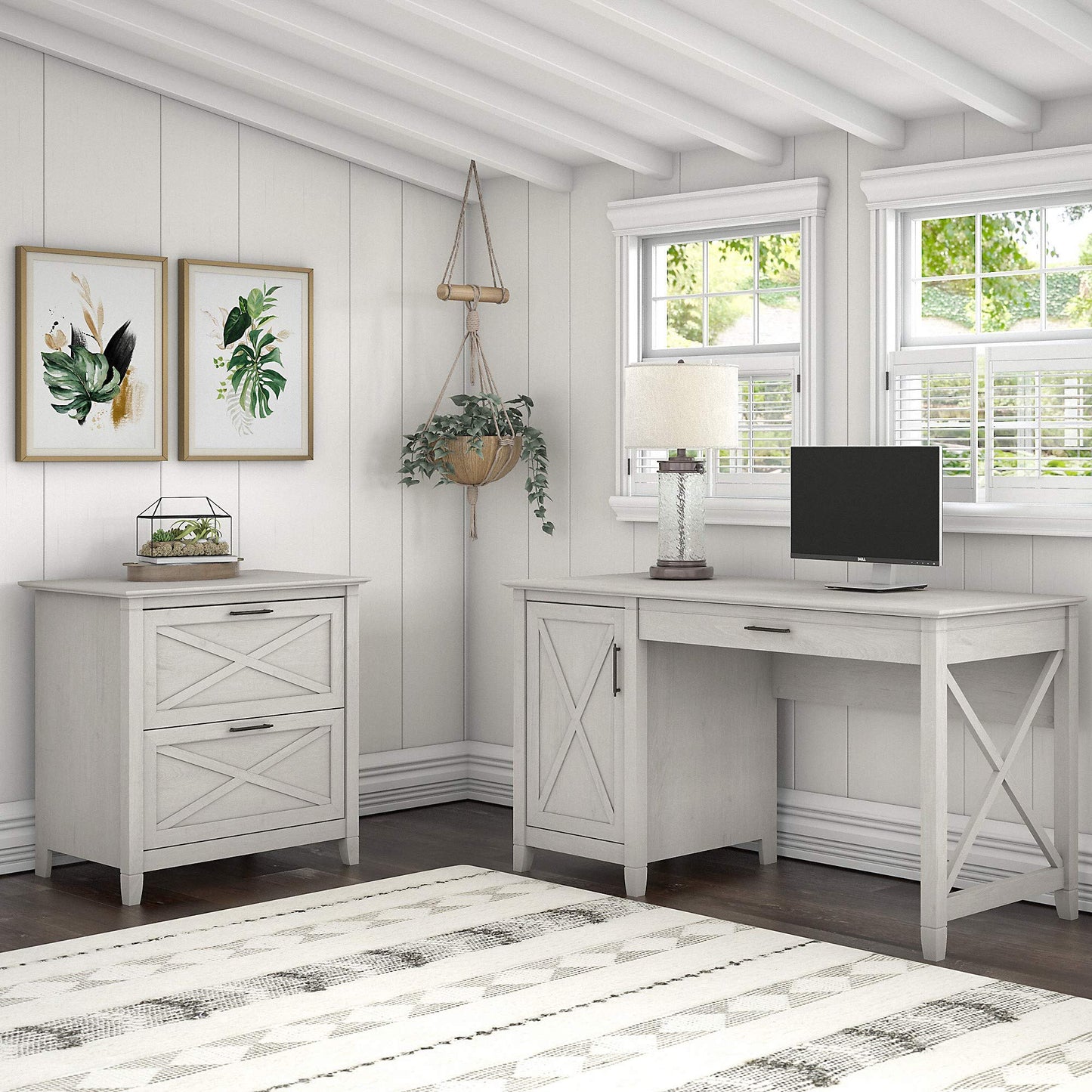 Bush Furniture Key West 54W Computer Desk with Storage and 2 Drawer Lateral File Cabinet in Linen White Oak - WoodArtSupply