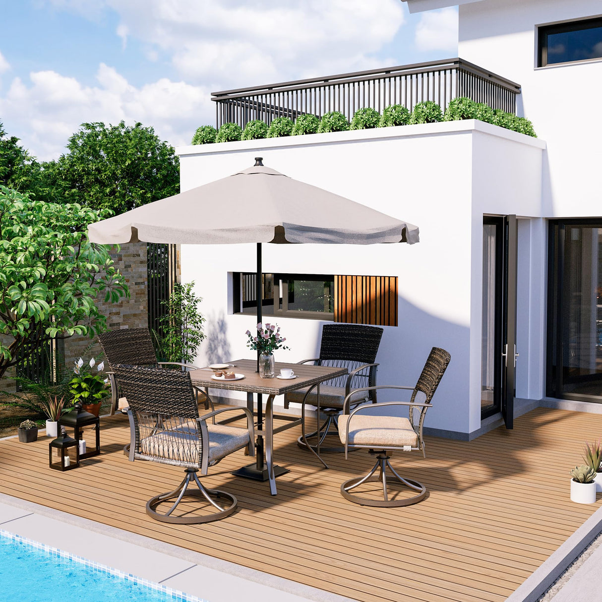 Pamapic 5 Piece Patio Dining Set for 4,Outdoor Wicker Furniture Set for Backyard Garden Deck Poolside with 4 Cushions Swivel Rocker Chairs,Square Plastic-Wood Table Top, Removable Cushions(Beige) Pamapic