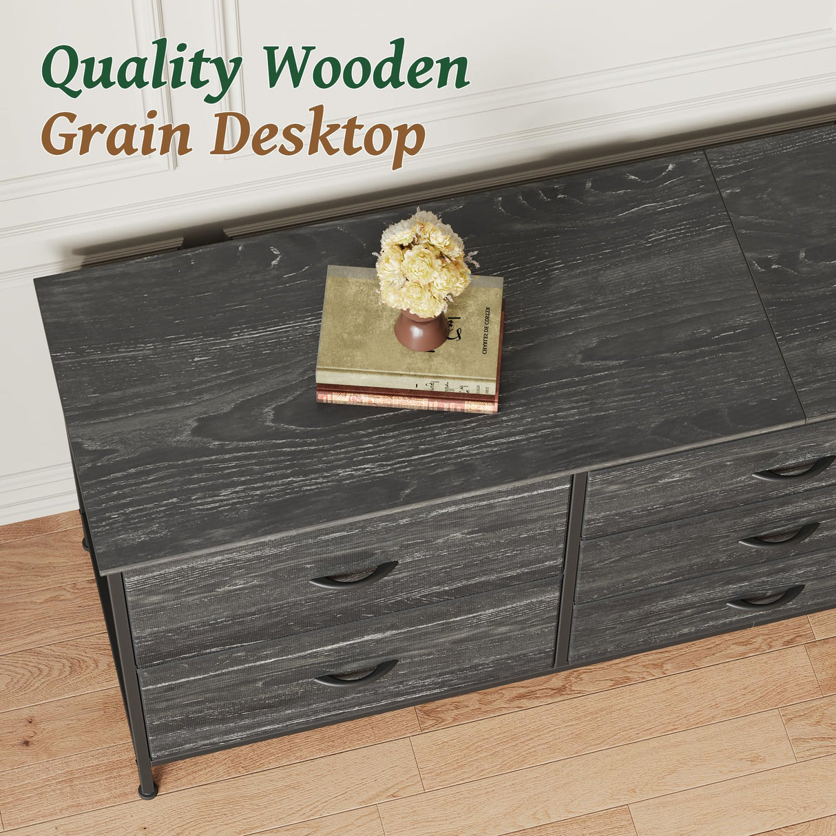 Huuger Dresser for Bedroom, 63 Inch Dresser TV Stand for 55, 65, 70 Inch TV, Long Dresser, Fabric Dresser, TV Stand with 7 Drawers, Dresser for Closet, Clothing, Charcoal Black Wood Grain Print Huuger