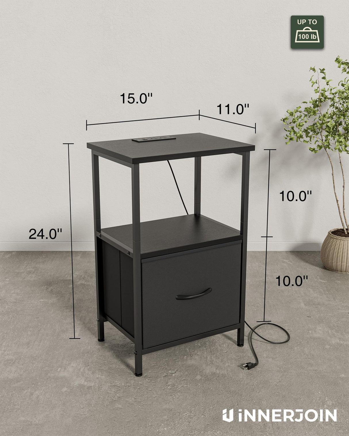 Innerjoin Side Table with Storage, LED Night Stand with A&C Charging Station, End Tables Living Room, Nightstand for Bedroom with Fabric Drawer, Black Innerjoin