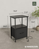 Innerjoin Side Table with Storage, LED Night Stand with A&C Charging Station, End Tables Living Room, Nightstand for Bedroom with Fabric Drawer, Black Innerjoin