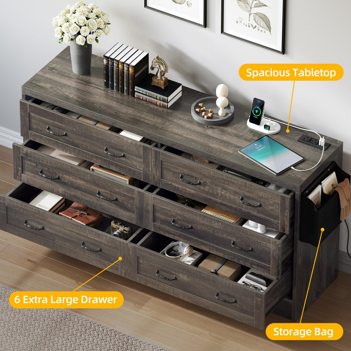 DWVO Farmhouse 6 Drawer Dresser for Bedroom, 60 Inch Large Modern Dresser TV Stand with Drawers & Bar Handles, Storage Dressers with Power Outlets, Rustic Wood Chest of Drawers, Rustic Oak DWVO