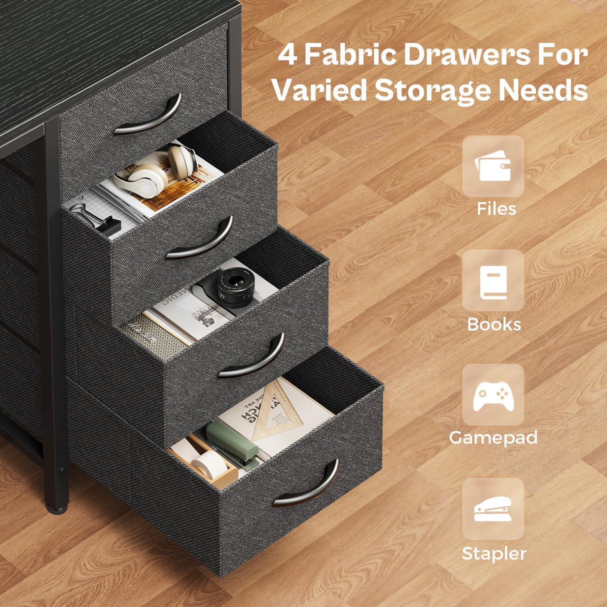 Huuger 55 inch Computer Desk with 4 Drawers, Gaming Desk with LED Lights & Power Outlets, Home Office Desk with Large Storage Space for Bedroom, Work from Home, Black Huuger