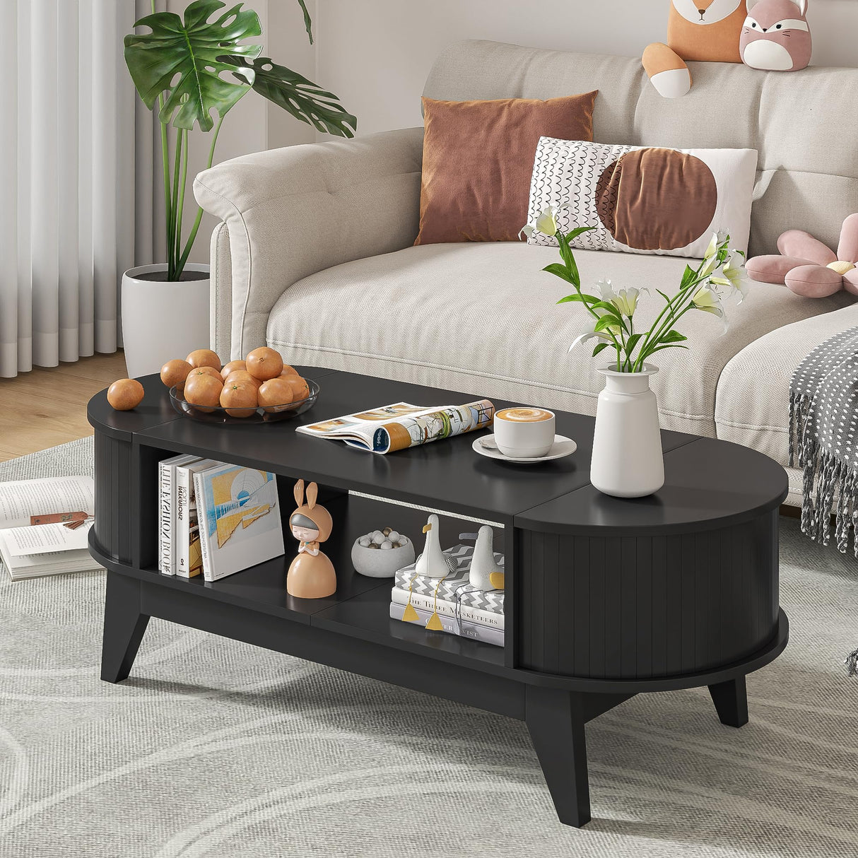 Coffee Table with 2 Hidden Storage,Mid Century Modern Coffee Table with Fluted Finish,Wood Center Tables Oval Coffee Tables with Flip-Top Lids for Living Room Home Office (Black) Mxtxmy