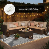 GENIMO Outdoor Rug 9' x 12' Waterproof for Patios Clearance, Reversible Outdoor Plastic Straw Camping Rug Carpet with LED String Light, Area Rugs Mats for RV, Camper, Deck, Balcony, Porch, Grey&White GENIMO