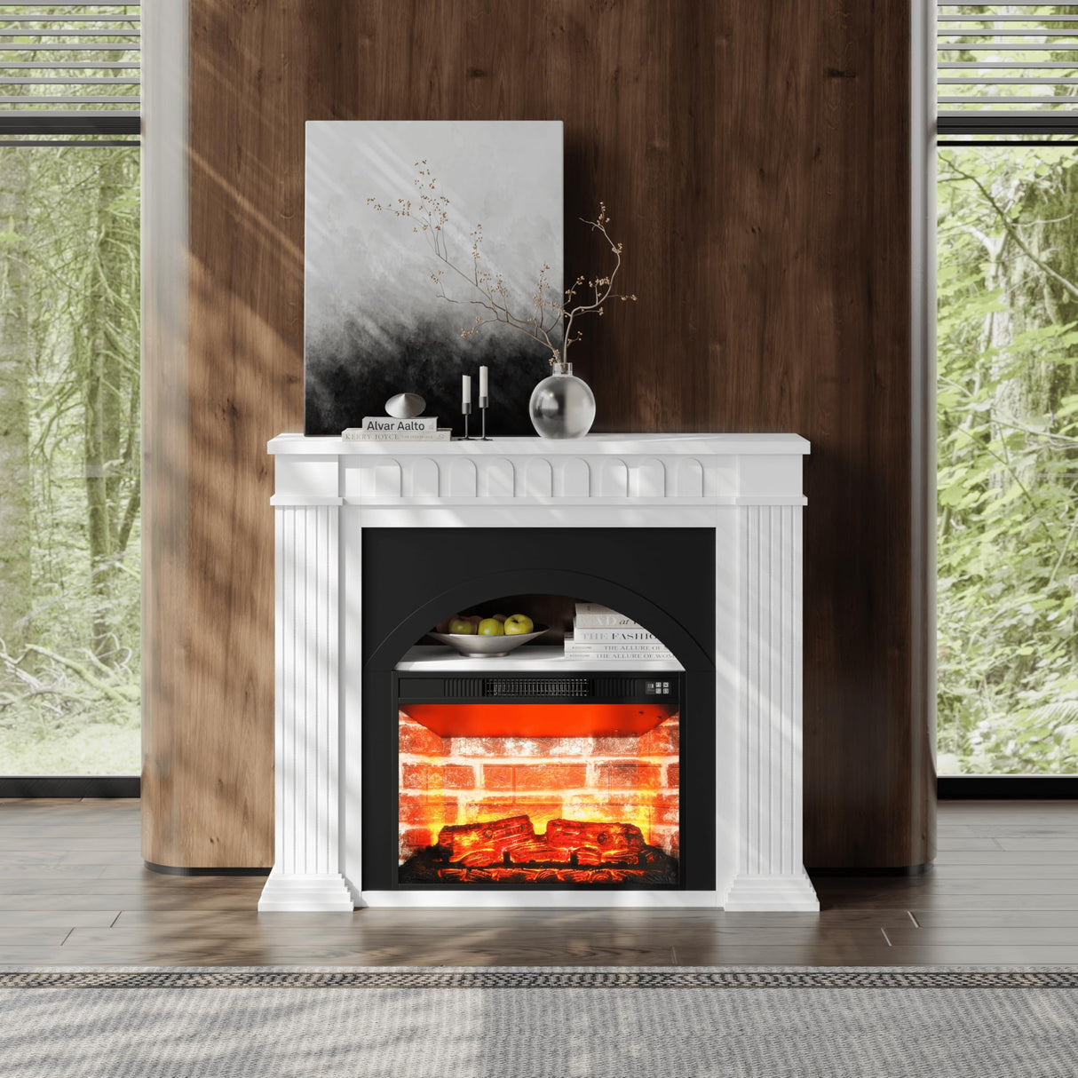 Electric Fireplace with Mantel - 44" Fireplace Mantel, Electric Fireplace TV Stand, Drawer Storage, Remote, 3D LED Flame, Adjustable Heat,Black SOLACE FURNITURE