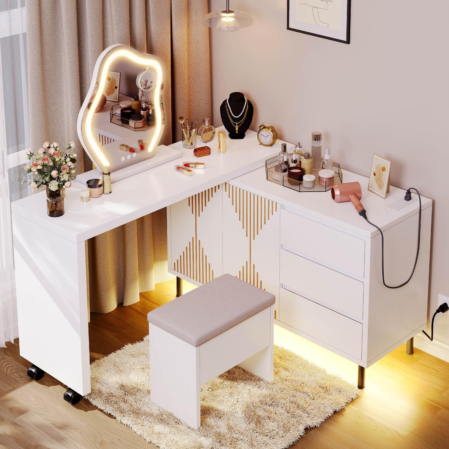 DWVO LED Drawer Dresser with Lights - 360° Rotatable Chest of Drawers with 5 Drawers, Modern Vanity Desk with Fluted Panel Doors, Extensible from 47.2" to 91.2", White