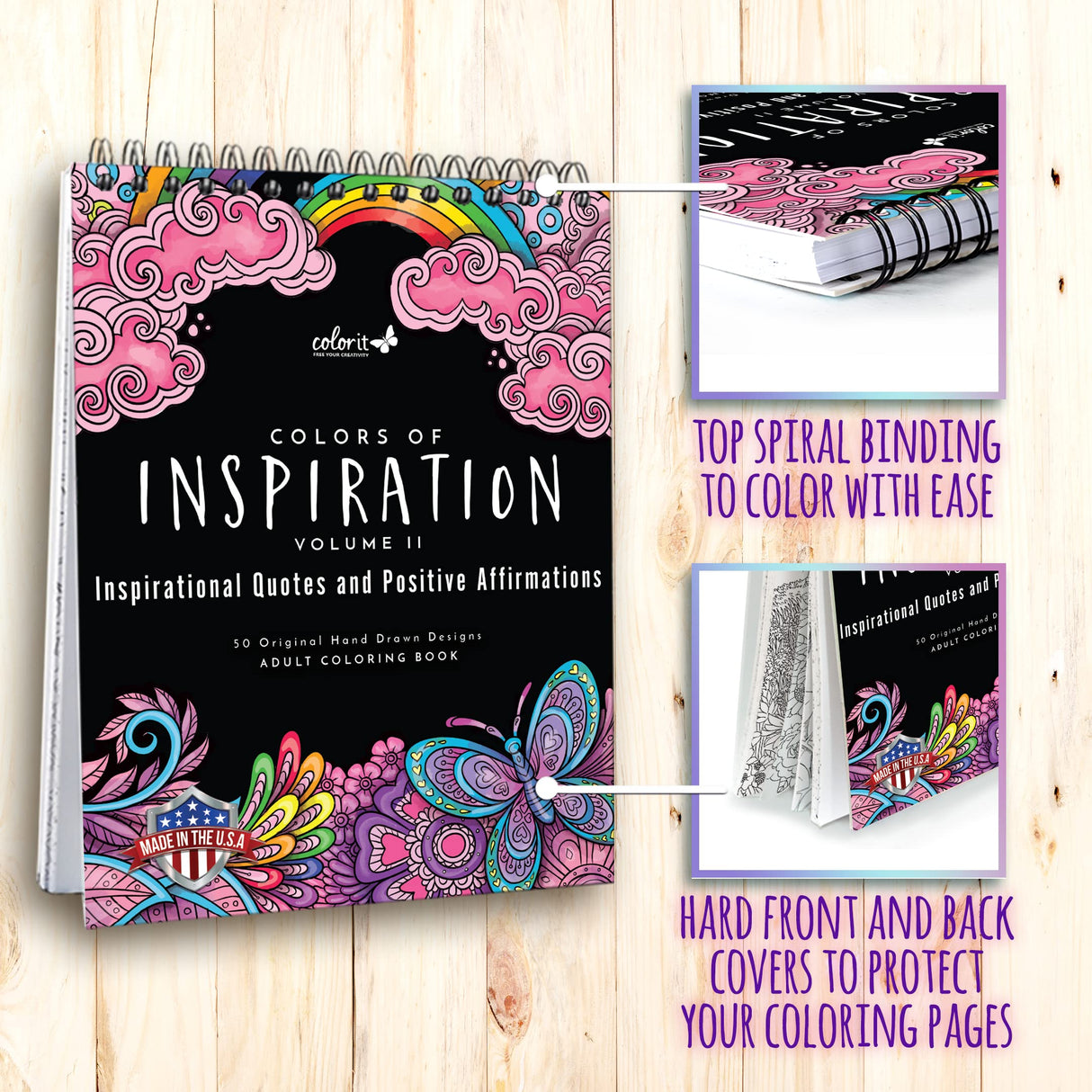 ColorIt Colors of Inspiration, Volume II - Inspirational Quotes and Positive Affirmations Adult Coloring Book, 50 Original Designs, Spiral Binding, Lay Flat Hardback Book Cover, Ink Blotter