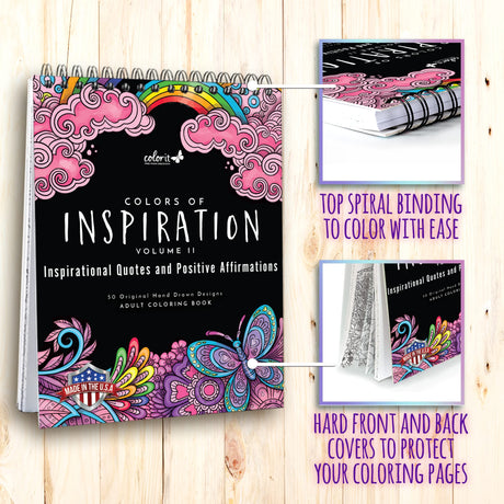 ColorIt Colors of Inspiration, Volume II - Inspirational Quotes and Positive Affirmations Adult Coloring Book, 50 Original Designs, Spiral Binding, Lay Flat Hardback Book Cover, Ink Blotter ColorIt