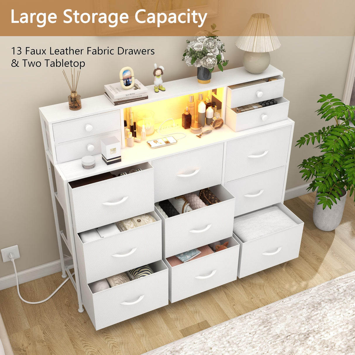 Welfuturer White Dressers for Bedroom with Power Outlets and LED Lights 13 Drawers Dresser Faux Leather Fabric Chest of Drawers for Bedroom Living Room Hallway Entryway Closets Sturdy Frame Wood Top Welfuturer