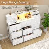 Welfuturer White Dressers for Bedroom with Power Outlets and LED Lights 13 Drawers Dresser Faux Leather Fabric Chest of Drawers for Bedroom Living Room Hallway Entryway Closets Sturdy Frame Wood Top Welfuturer