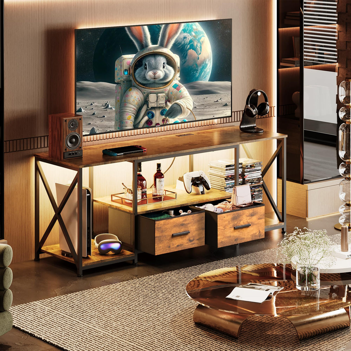 EKNKOZY Dresser TV Stand with Power Outlets & LED Lights, Up to 65 Inches Dresser TV Stand with 2 Large Dresser Drawers, Bedroom Dresser with 3 Open Storage Shelf (Rustic Brown, 55 INCH) EKNKOZY