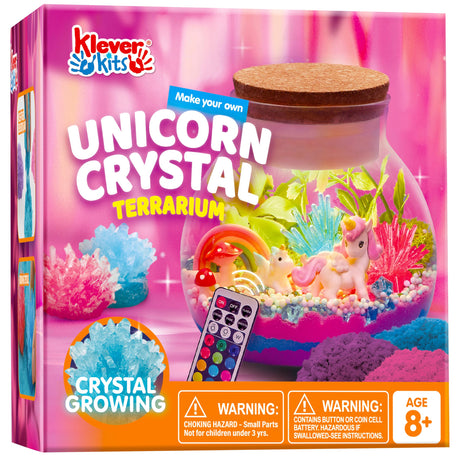 Klever Kits Make Your Own Unicorn Crystal Terrarium Crafts Kit for Kids-Crystal Growing Science 12 Color LED Night Light Unicorn Birthday Gifts Toys for Girls Klever Kits