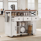 Ball & Cast Farmhouse Kitchen Island with Drape of Beads & Power Outlet, Rolling Kitchen Cart on 5 Wheels, 3 Drawers, Internal Iron Shelf & Towel Rack, for Kitchen & Dining Room, White Ball & Cast