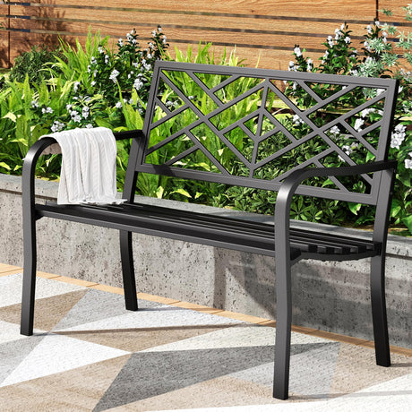PHI VILLA 43 Inch Cast Iron Steel Frame Outdoor Garden Bench, Patio Furniture Chair Bench w/Line Pattern Design Backrest, Slatted Seat for Park, Yard, Porch - Black PHI VILLA