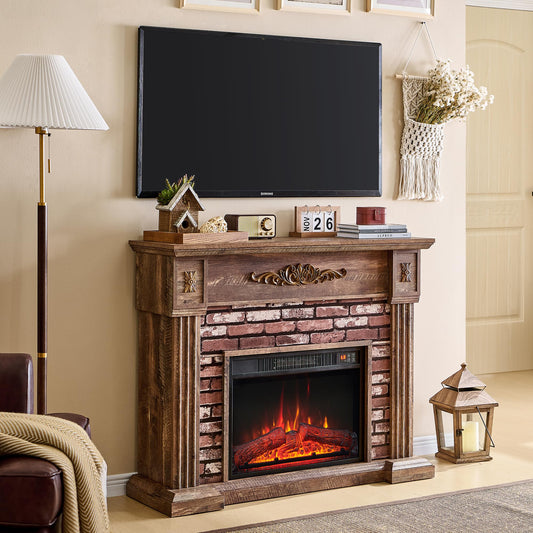 43" Electric Fireplace with Mantel, Electric Fireplace Heater, TV Stand w/Freestanding Electric Fireplace, Stacked Stone Surround, Remote Control, Adjustable Flame Level for Living Room (Light Brown)